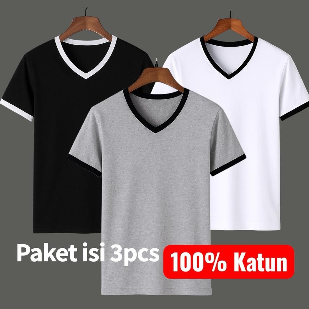 kaos polos v neck pria bahan 100% cotton adem - isi 3pcs