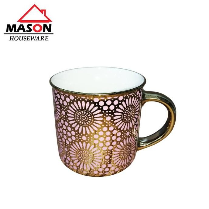 Mason Mug Keramik / Mug Kopi / Mug Teh / Mug Keramik Tebal / Cangkir Keramik  Motif Batik Bunga Gold