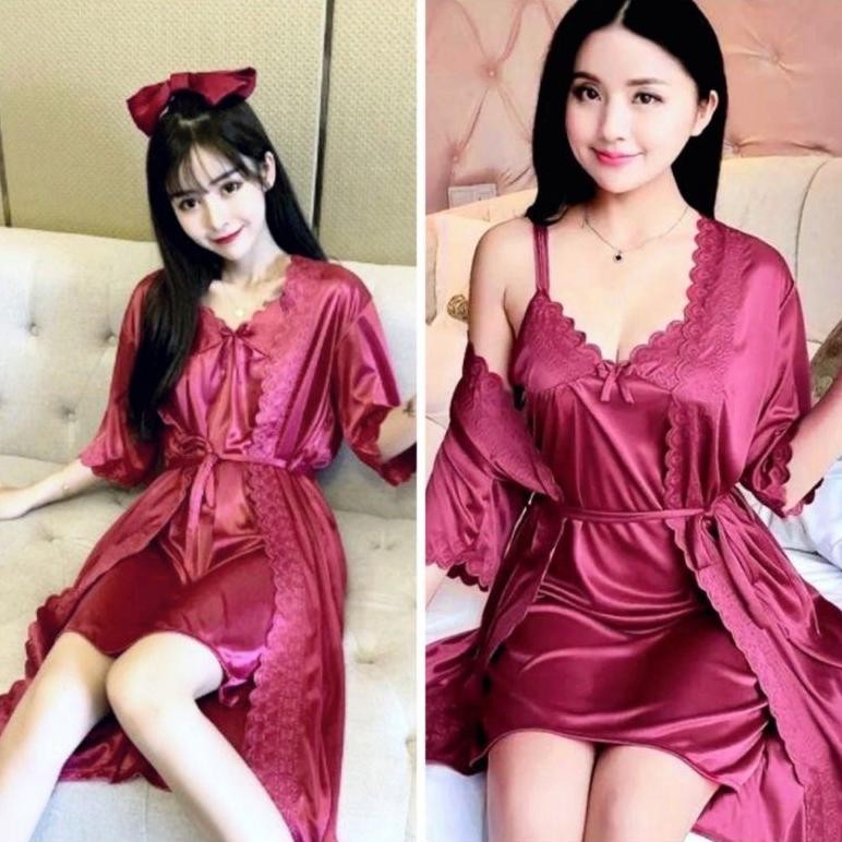 VWcollection14 - BAJU TIDUR WANITA KIMONO TRICOT SETELAN 2IN1 - UKURAN L & JUMBO