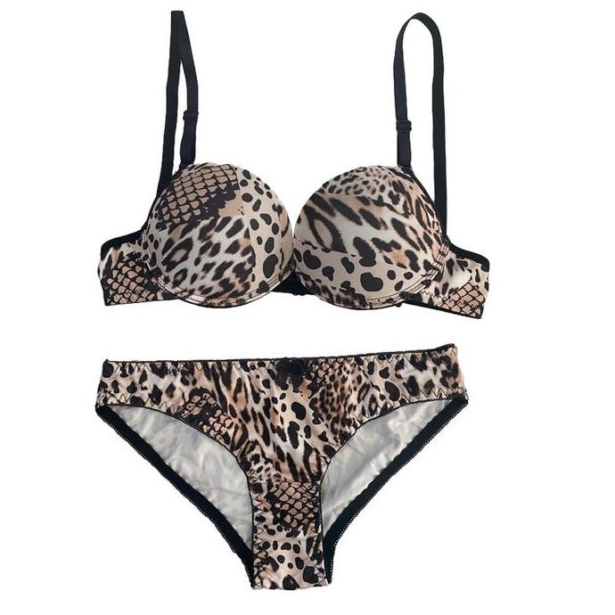 Set Bra + Celana Dalam Wanita Sexy Motif Leopard Print Gather Bh Setelan Memiliki Cincin Baja