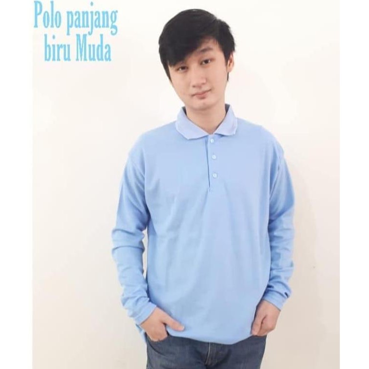 DI47 - Kaos Kerah polos Lengan panjang warna biru muda - polo panjang polos biru muda