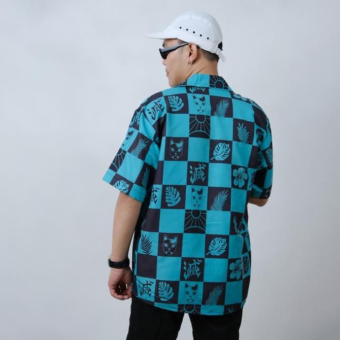 DS83 >> Dowear Baju Shirt Kemeja Lengan Pendek Anime Pria Motif Full Printing kartun TANJIRO HAWAI 9