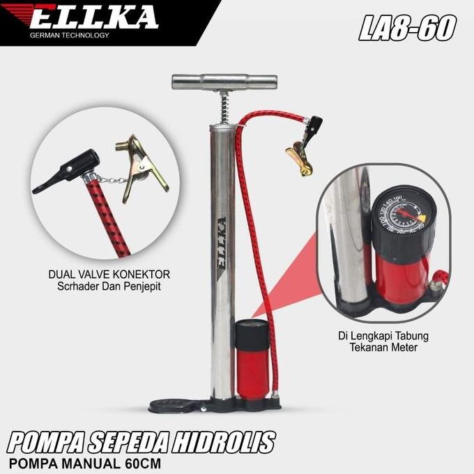 MYMO- ELLKA Pompa Sepeda Manual Merah Pompa ban/bola terdapat indikator tekanan angin