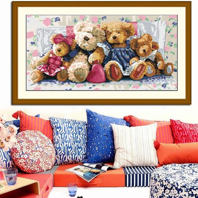 paket kristik teddy bear family pola kain cross stitch kit