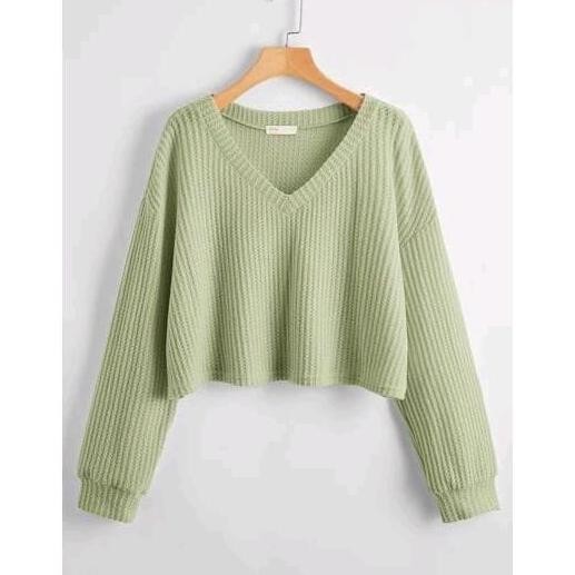 Sweater Crop Top waffle kerah V new arrifal Baju Nyaman Atasan Wanita setengah dada Simple