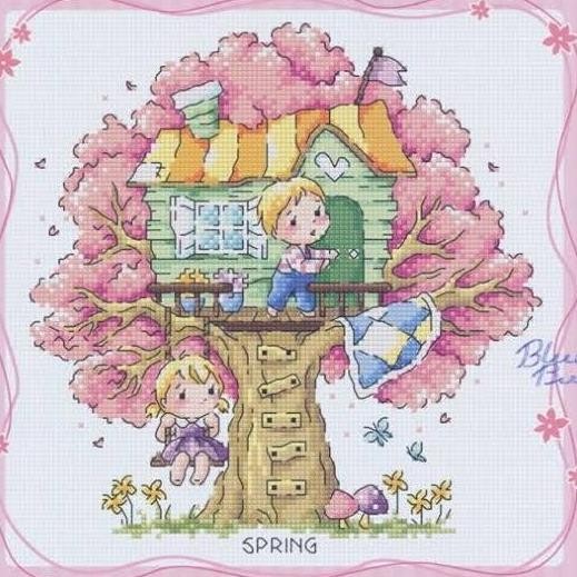 paket kristik kartun rumah pohon berbunga sakura