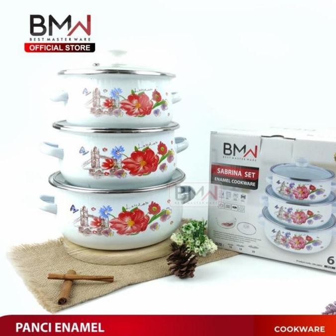 Panci Set Enamel Reoona Susun 3 Tutup Kaca