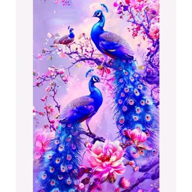 paket kristik 2 merak biru bunga bunga ungu cross stitch kit 14ct