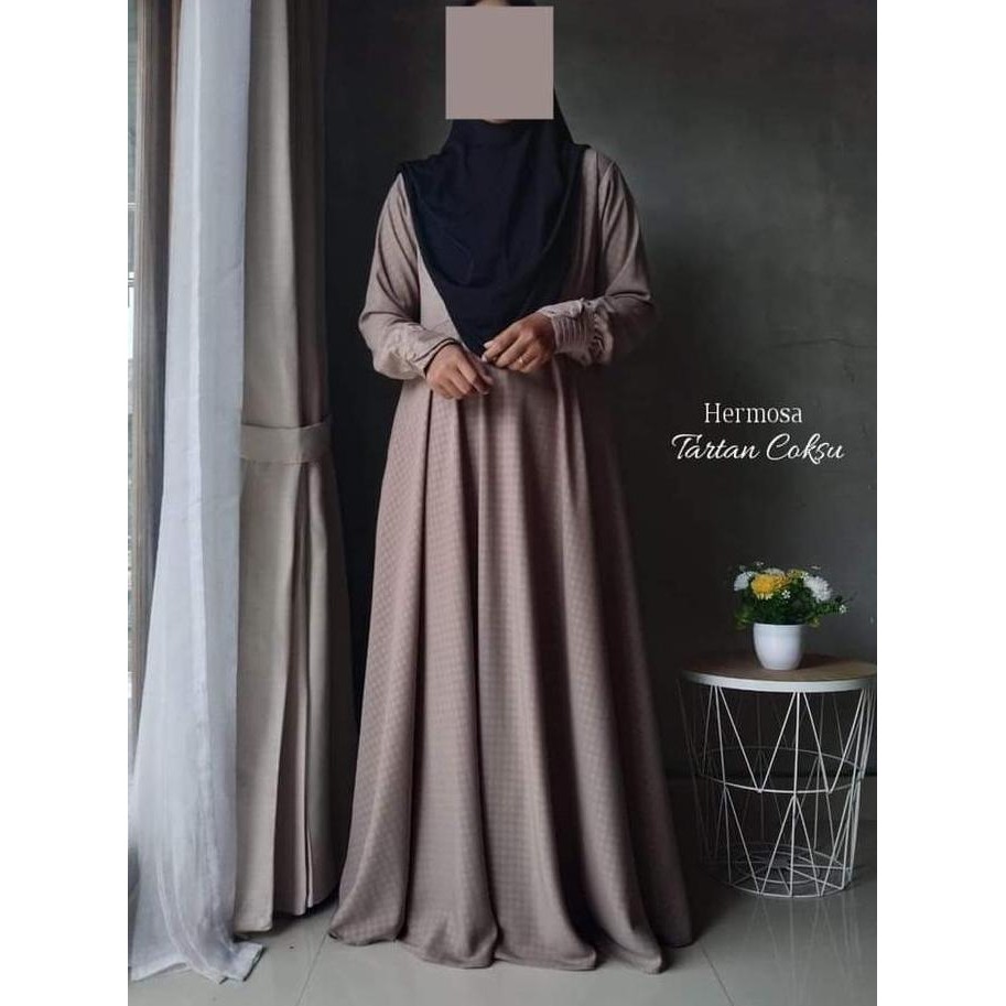 [Gamis Hermosa] Gamis Embos Hermosa Motif Tartan Semua Warna (Hitam, Abu, Coklat Tua, Mocca, Army, H