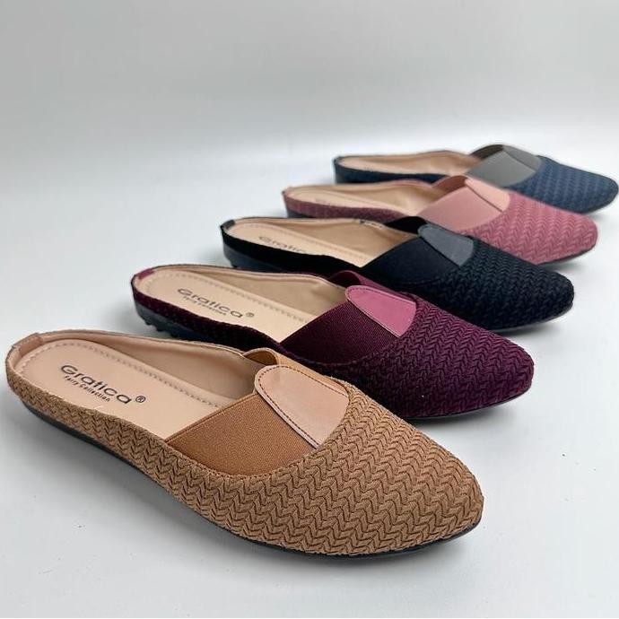 Promo Sendal Selop Wanita Flat Lancip Gratica AW 0088 Shoes Hitam Karet COD