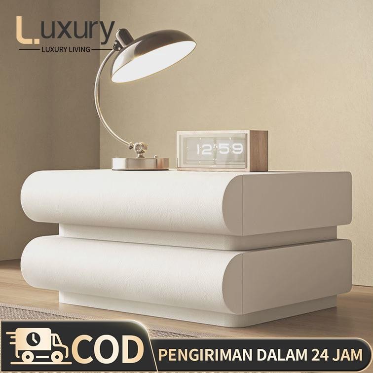 Meja Nakas Kayu 2 Laci Bedside / Lampu Led Smart Sensor Nakas Minimalis / Bedside Meja Samping