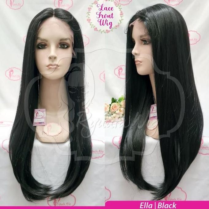 Wig Hitam Panjang Lurus Lace Front Wig Long Straight Ella Lurus Panjang Belah Tengah Hitam