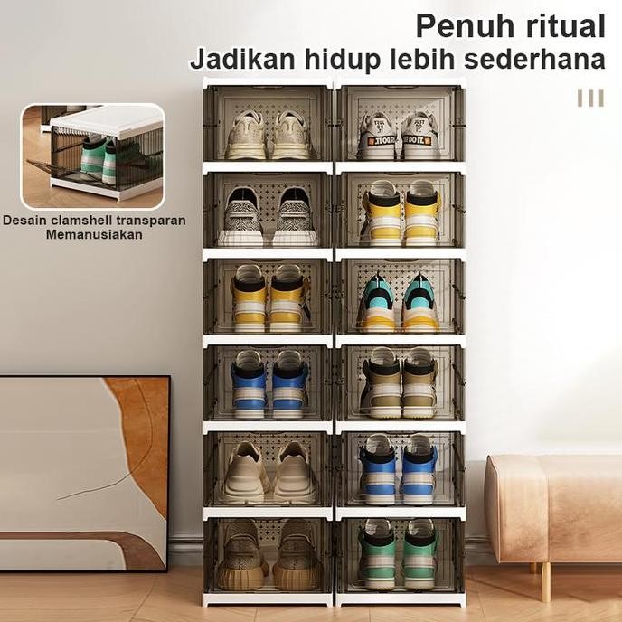 [Cod] Kotak Sepatu Lipat 6 Lapis Rak Sepatu Transparan Anti Oksidasi Kotak Sepatu Coklat Hitam Abu-A