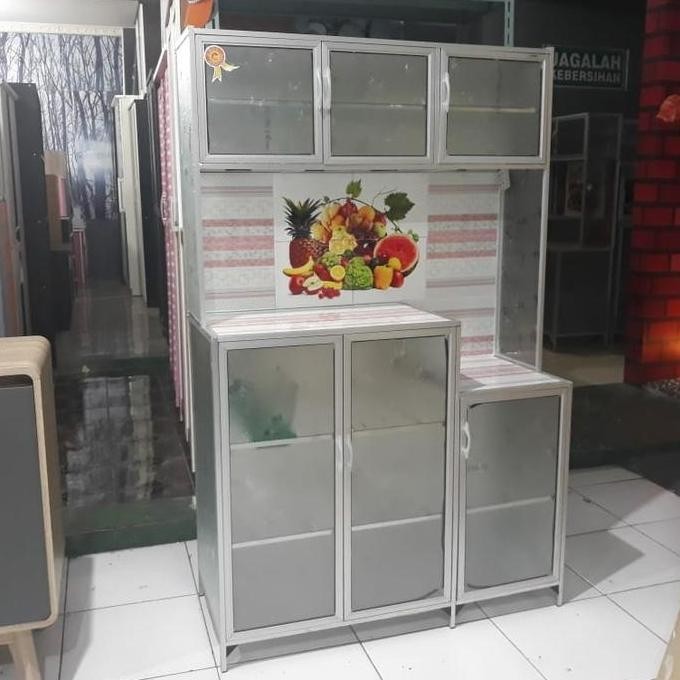 Lemari Rak Piring Kaca Alumunium 3 Pintu | Lemari Dapur Bandung