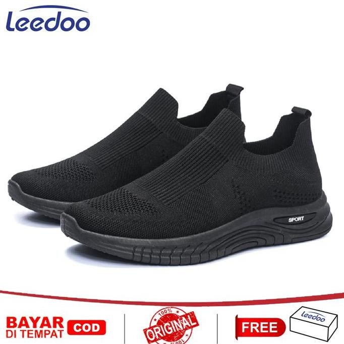 Leedoo Sepatu Slip On Flat Pria Model Kasual Sepatu Sneakers Cowok Shoes Olahraga Antislip Hitam Mr1