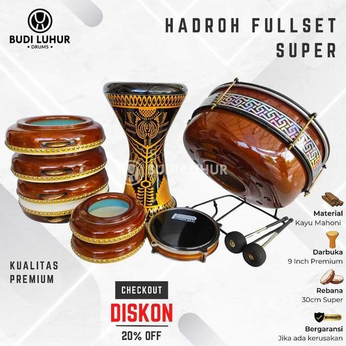 ALAT HADROH HABIB SYEH REBANA DARBUKA  BASS ASLI JEPARA KAYU SUPER 1 SET DEWASA DAN ANAK LENGKAP FUL