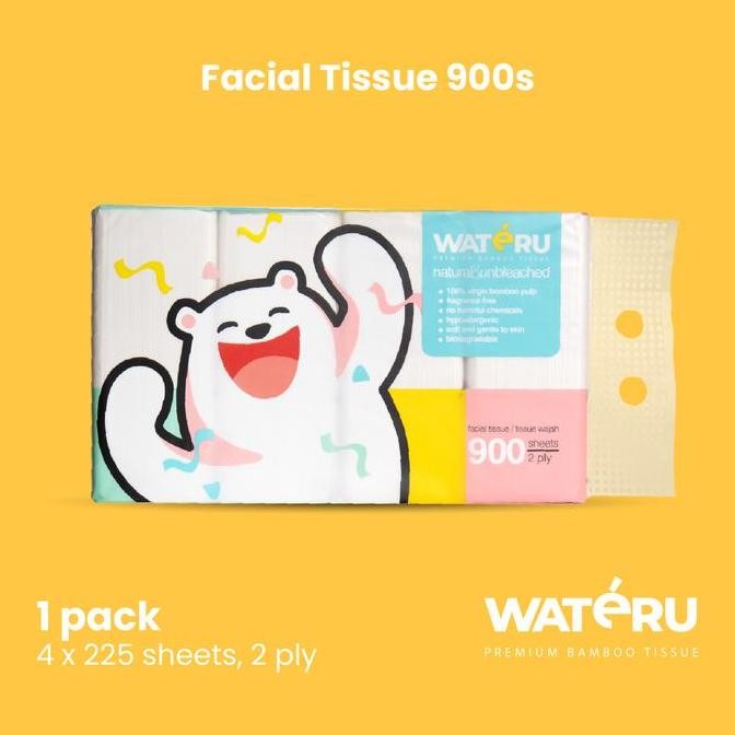 Wateru Facial Tissue 900s, 1 pack, 4 x 225 sheets | Natural&Unbleached | Wateru Premium Bamboo Tissu
