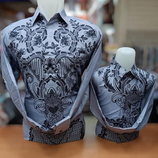 Promo PILIHAN ELEGAN Batik Couple Katun Premium Abu Muda Ayah dan Anak Motif Etnik Baju Batik Keluar