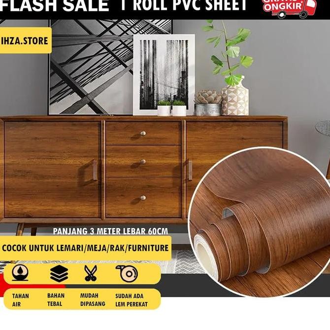 DF242>> RONA Sticker Pelapis Furniture PVC 60cm x 3m Textured Kayu Alami Model Cocok Untuk Meja, Lem
