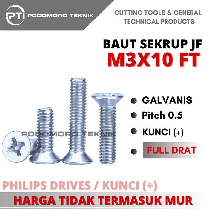 Baut JF M3X10 Flat Head Galvanis // Sekrup JF M3 X 10 Obeng Plus