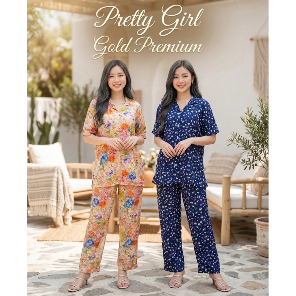 Piyama Kerah Pretty Girl Gold Premium Bahan Rayon Piyama Celana Panjang Pretty Girl Rayon Gold