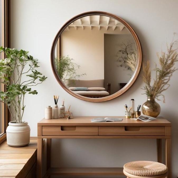 Aesthetic Mirror, cermin dinding bulat, cermin gantung kayu jati asli, jati jepara HT