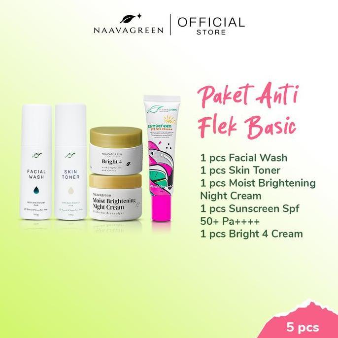 Naavagreen Paket Flek Basic - 5 Pcs: Facial Wash, Skin Toner, Bright 4 Cream, Moist Brightening Nigh