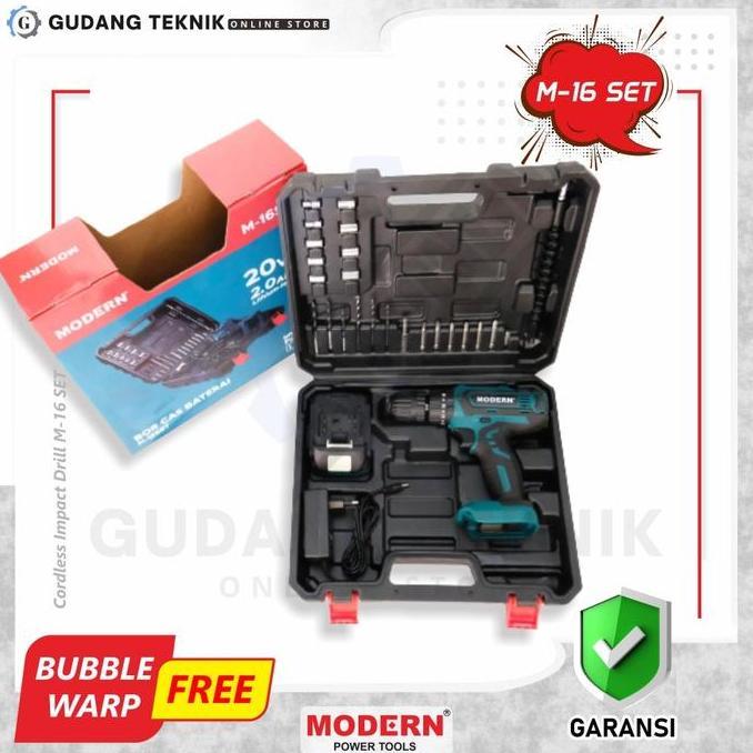 OVIROWA Mesin Bor Baterai Modern M-16SET 20 V / Bor Beton Tembok Cordless Impact Drill 20V Modern M 