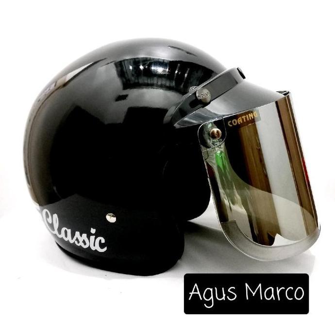 Metz- Helm Bogo Garis Classic Hitam Glossy Pria Nita Desa Flat Cembung Bening Pelangi Gold Silver Sm