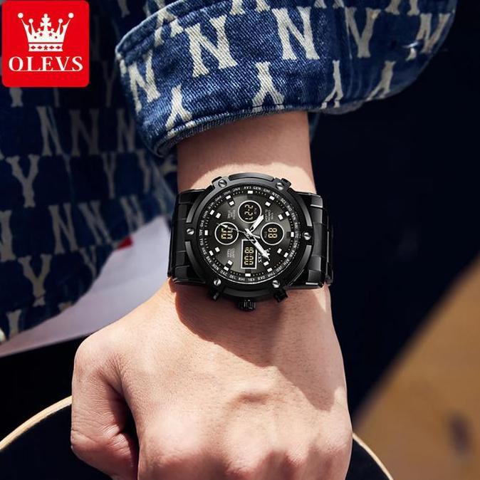 Bw- Olevs Jam Tangan Pria Anti Air Multifungsi Luminous Kalender Alarm Analog Cowok Fashion Hitam Me