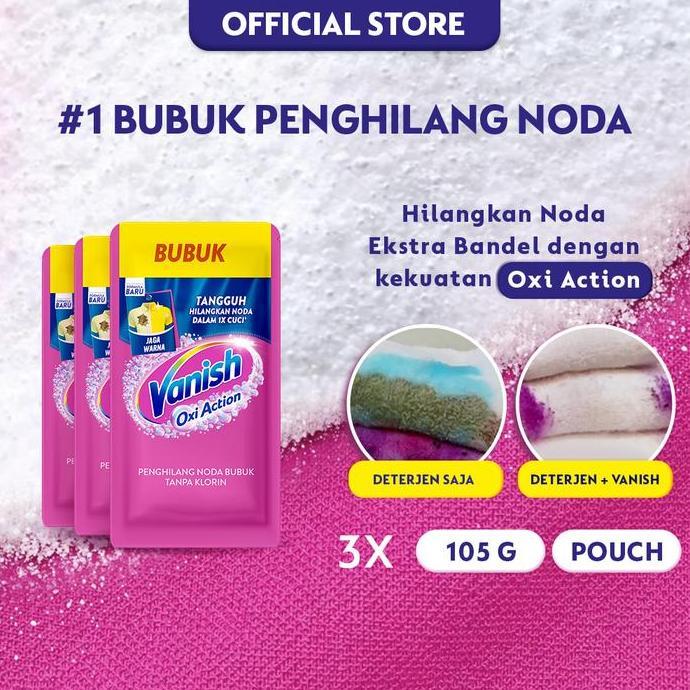 Vanish Bubuk Penghilang Noda Pakaian Pink Pembersih Noda Baju Membandel 105gr (3pcs)