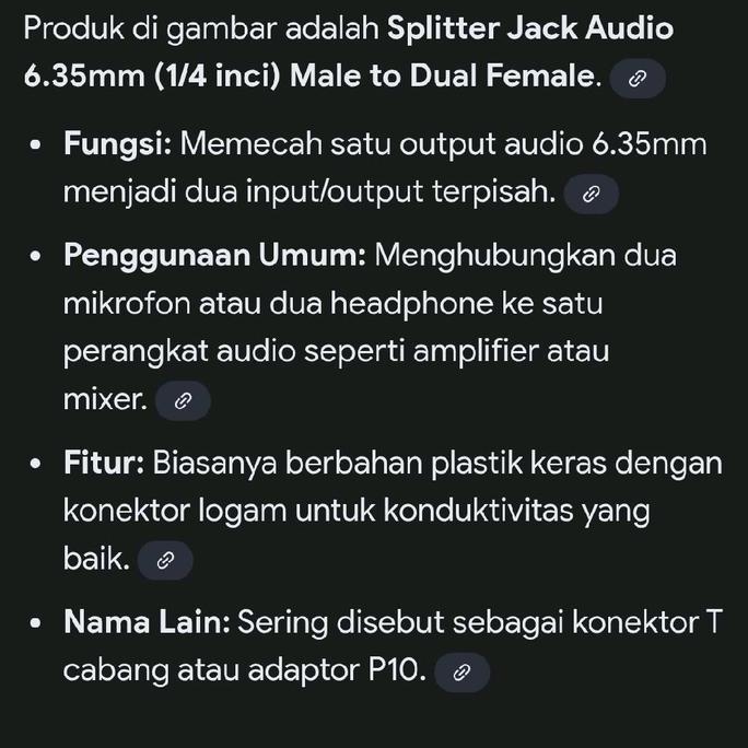 HIMAX ( Y AKAI CABANG JACK MIC 6.5MM ) CABANG SPLITTER JACK AUDIO 6.5MM (1/4 INCI) MALE TO DUAL FEMA