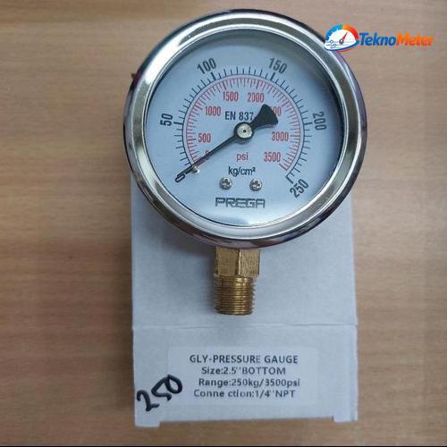 Pressure gauge PREGA stainless 2,5 inchi 250 kg bar 3500 psi bottom raket bisa isi minyak gliserin
