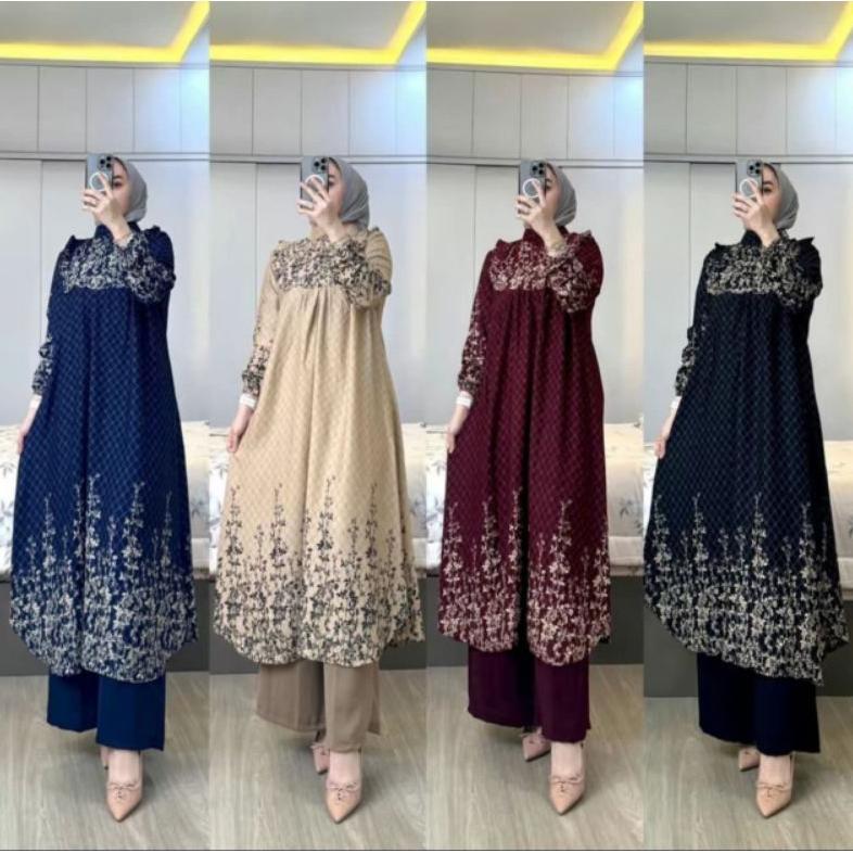 garansi setelan tunik panjang kirania// one set long tunik rayon diamond celana kulot crinkle semi j