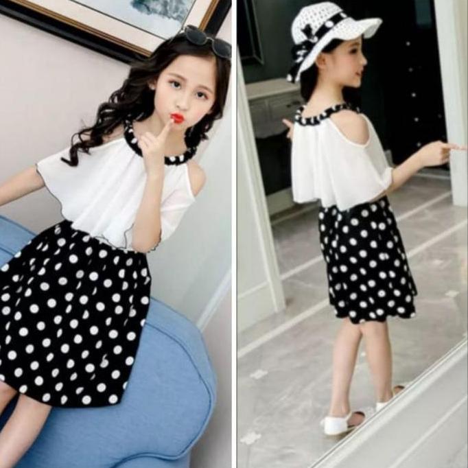 Dress Sabrina polka  DRESS IMPORT ANAK PEREMPUAN SET POLKA KID / Pakaian anak remaja usia 5-8 tahun 