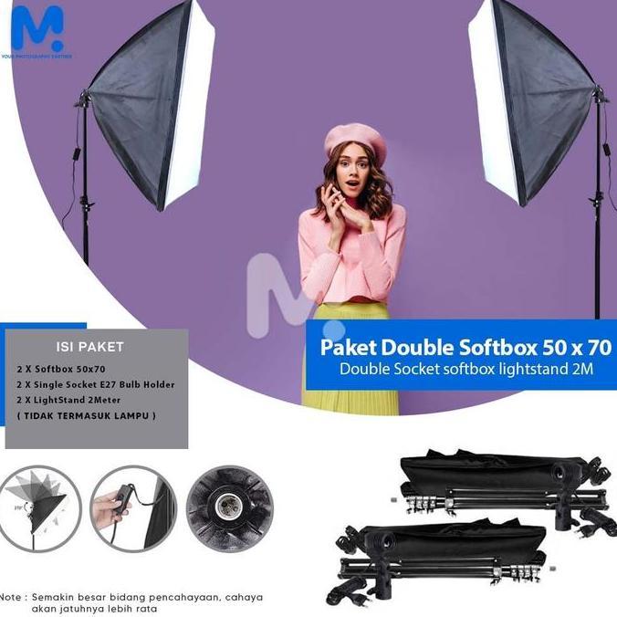 Paket Double Softbox Midio A1 + 2 Light Stand 2M + 2 Socket E27 + Tas Waterproof Pilih Ukuran Softbo
