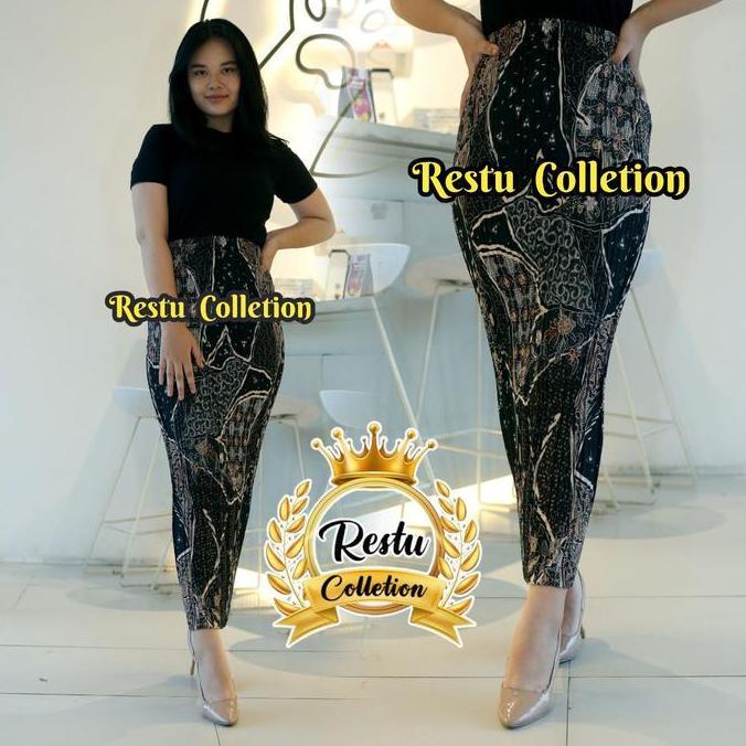 DY100 - Rok Plisket Span Batik Wanita Bawahan Kebaya Wisudan Kondangan Premium Bahan Motif AS Mocca 