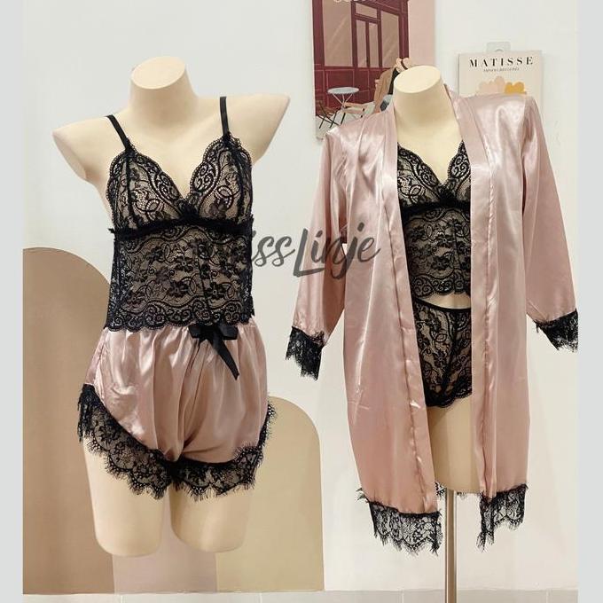 Ready Miss Linje Setelan Baju Tidur Kimono Satin Dalaman Bralette & Hotpants Renda 4In1 Muat Sampai 