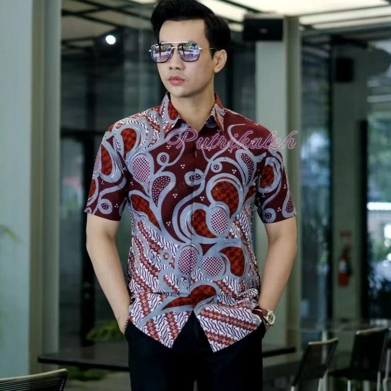 New Kemeja Batik Pria Baju Lengan Pendek Hem Cowok Slimfit Atasan Kondangan Alisan Model Terbaru