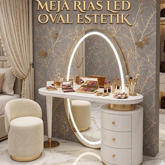 Meja Rias Oval LED Estetik Meja Rias Oval Lampu LED Touch Screen Vanity Mirror Meja Rias Cermin Lamp