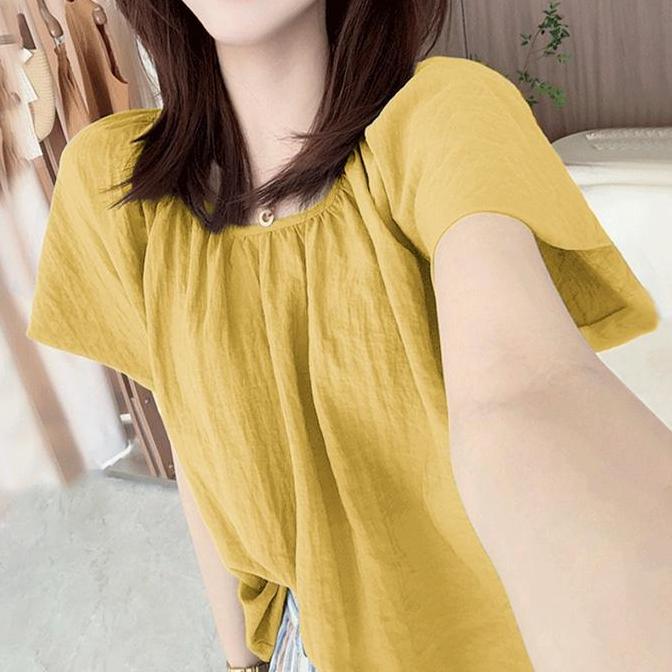 LELAND Top Blouse Wanita Lengan Pendek Katun Premium Ruffle Kaos/Korean Atasan Kemeja Lengan Pendek 
