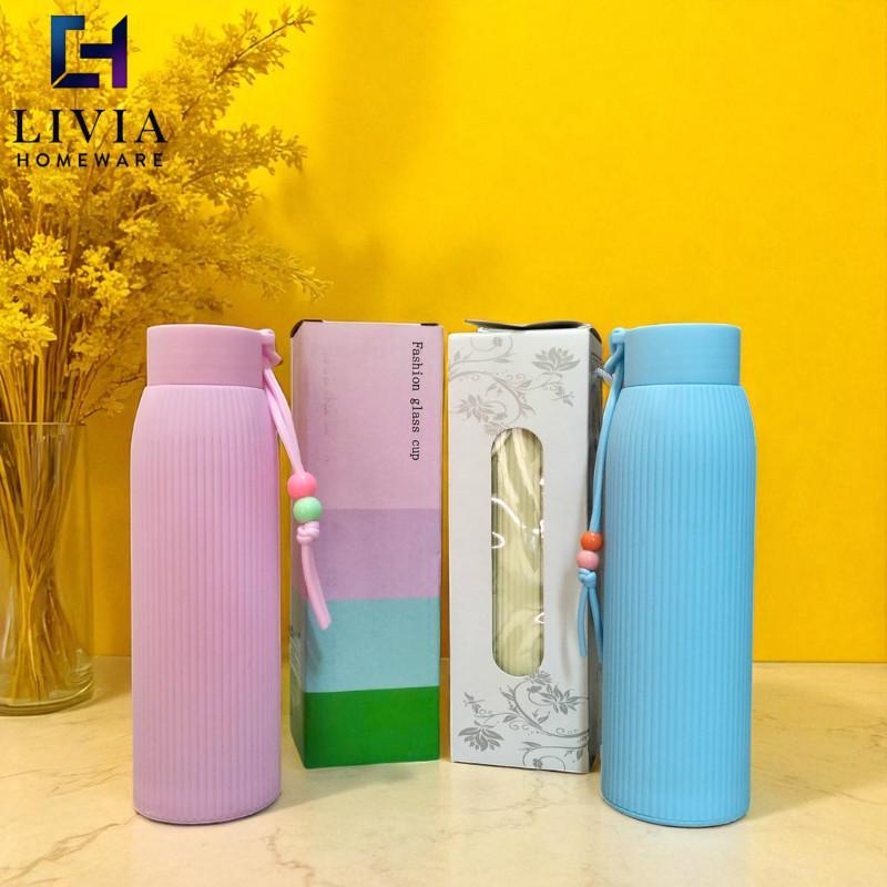 Tumbler Botol Kaca Lapis Plastik Warna Aesthetic Manik Korea Macaron Pastel Tali Gandul 400Ml 2237