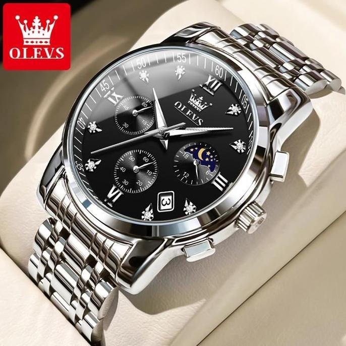 Waer- Olevs Jam Tangan Pria Anti Air Stainless Steel Chrono Aktif Cowok Luminous Kalender Analog Men