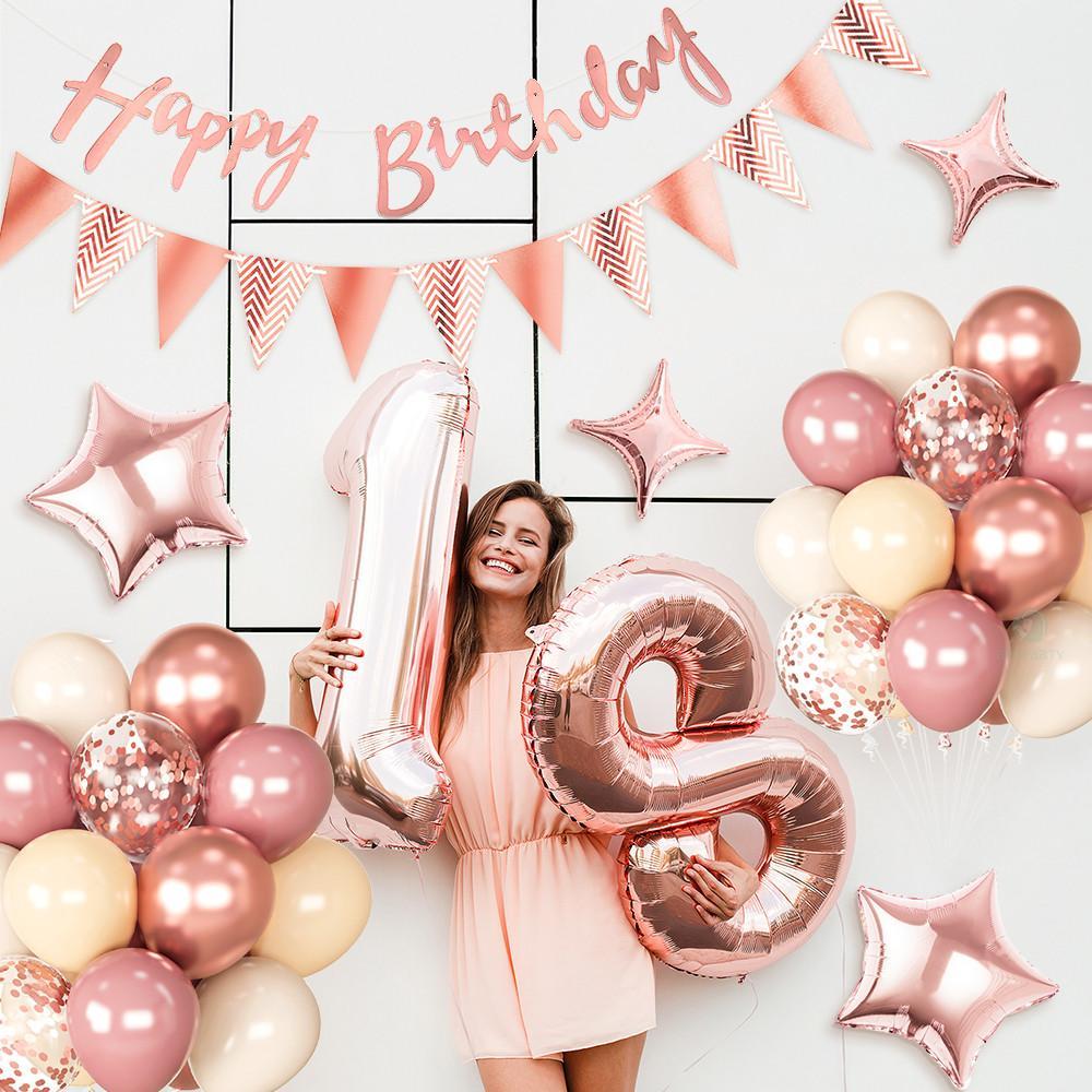 35 Pcs Balon Foil Bintang Mawar Merah Muda Emas Spanduk Set Untuk Dekorasi Pesta Ulang Tahun