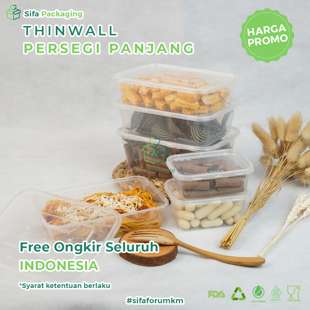 Thinwall Persegi Panjang + Tutup 200ml 250ml 300ml 500ml 650ml 750ml 1000ml Thinwall Wadah Makanan K