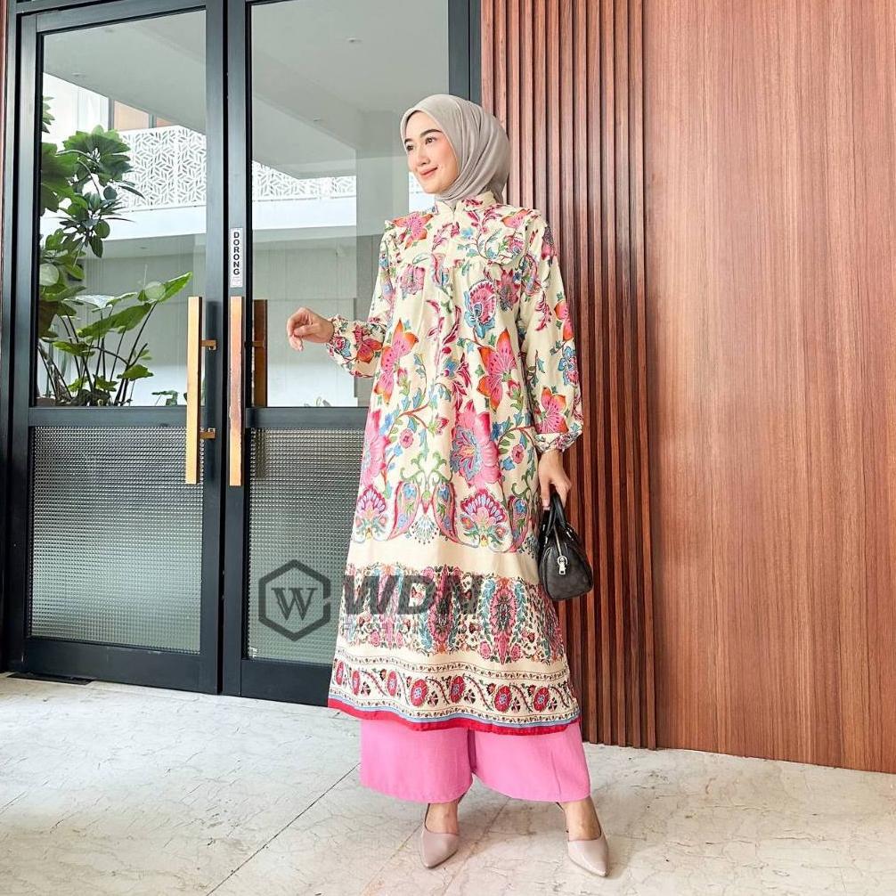 READY STOCK SETELAN MIDI KATUN DELVINA MIX PANTS / ONESET SETELAN TUNIK RAYON PREMIUM MOTIF BUNGA BU
