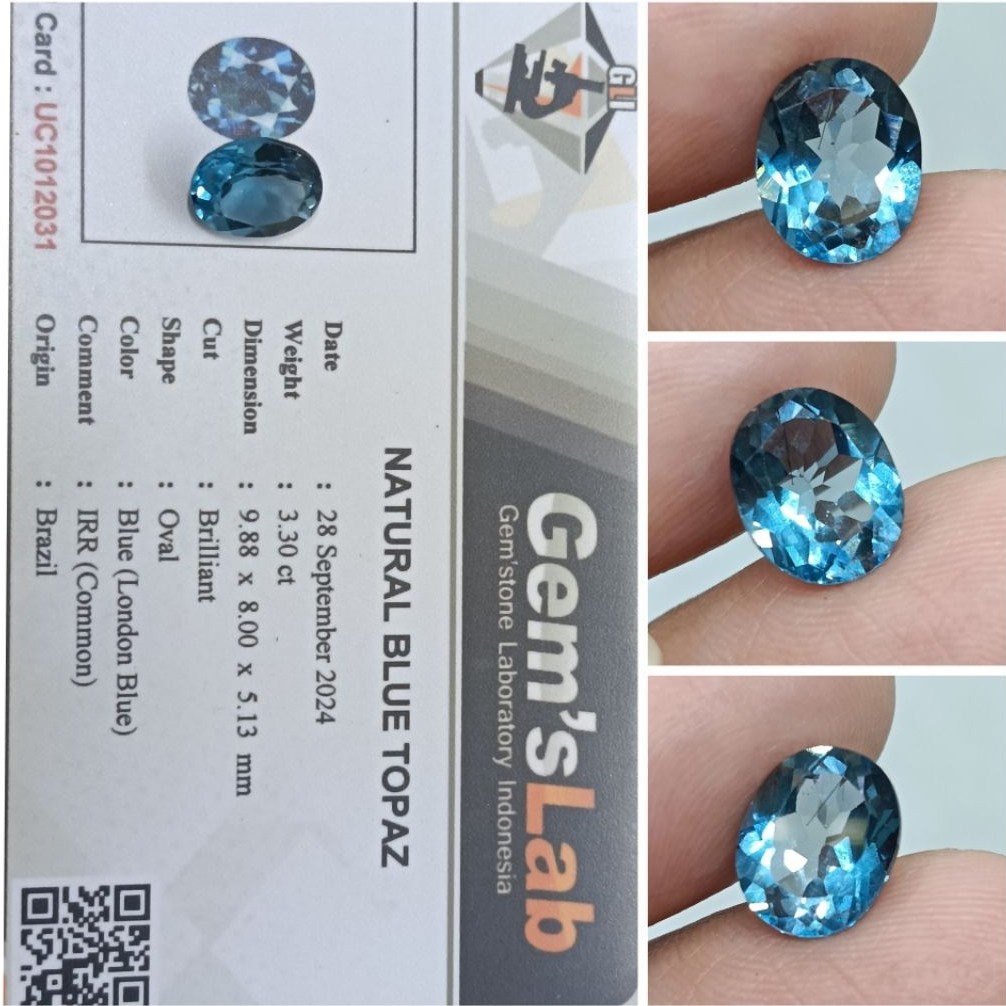 Natural London Blue Topaz 3,3ct Top Color memo GLI Garansi IRR