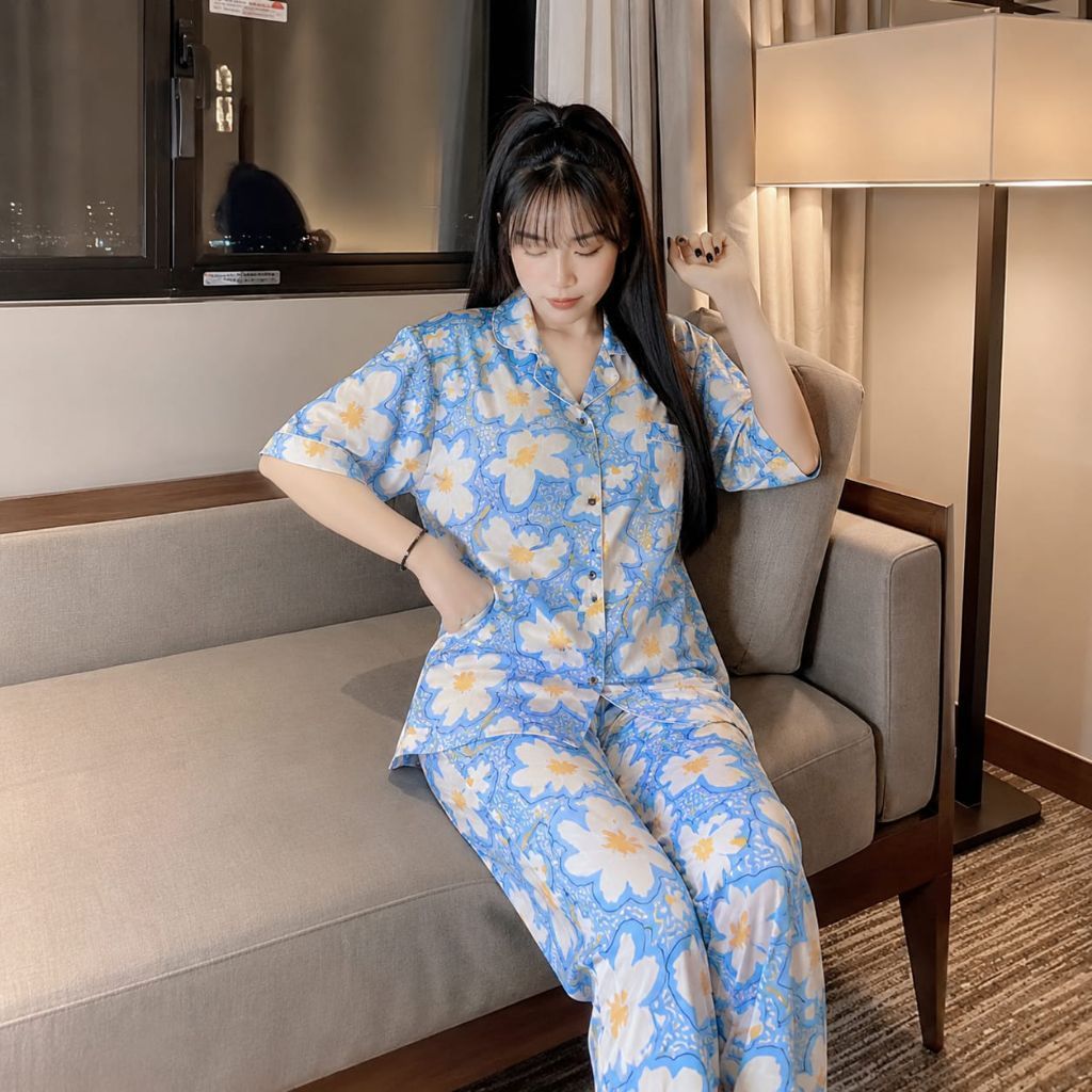Suppai - Setelan Perempuan Daisy Flower Blue One Set Piyama Daster Rayon