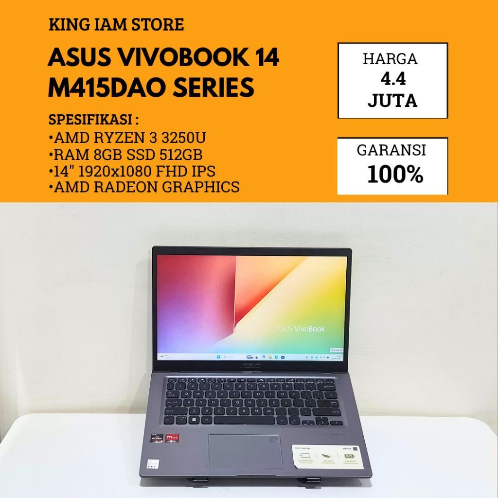 ASUS VIVOBOOK 14 M415DAO AMD RYZEN 3 3250U RAM 8GB SSD 512GB LAYAR 14in FHD | KING IAM STORE LAPTOP 