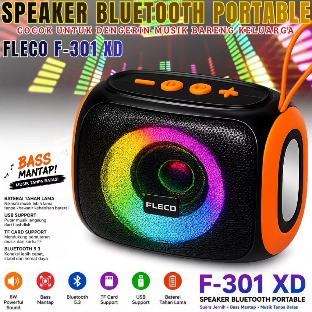Speaker Bluetooth Portable FLECO F-301 XD 8W RGB LED Wireless Bluetooth 5.3 USB TF Card Baterai Awet